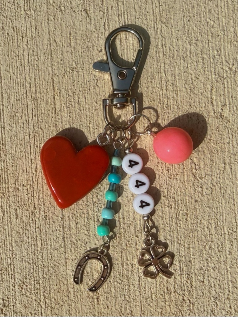 Handmade Beaded Heart Charm Keychain with Pink Bead and Horseshoe Accent
